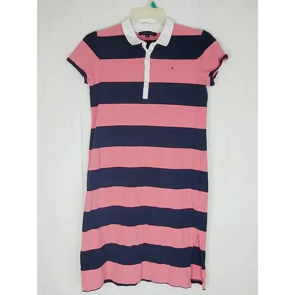 Tommy Hilfiger pink and blue rugby striped polo shirt dress Sz Med Preppy Casual - Picture 3 of 8